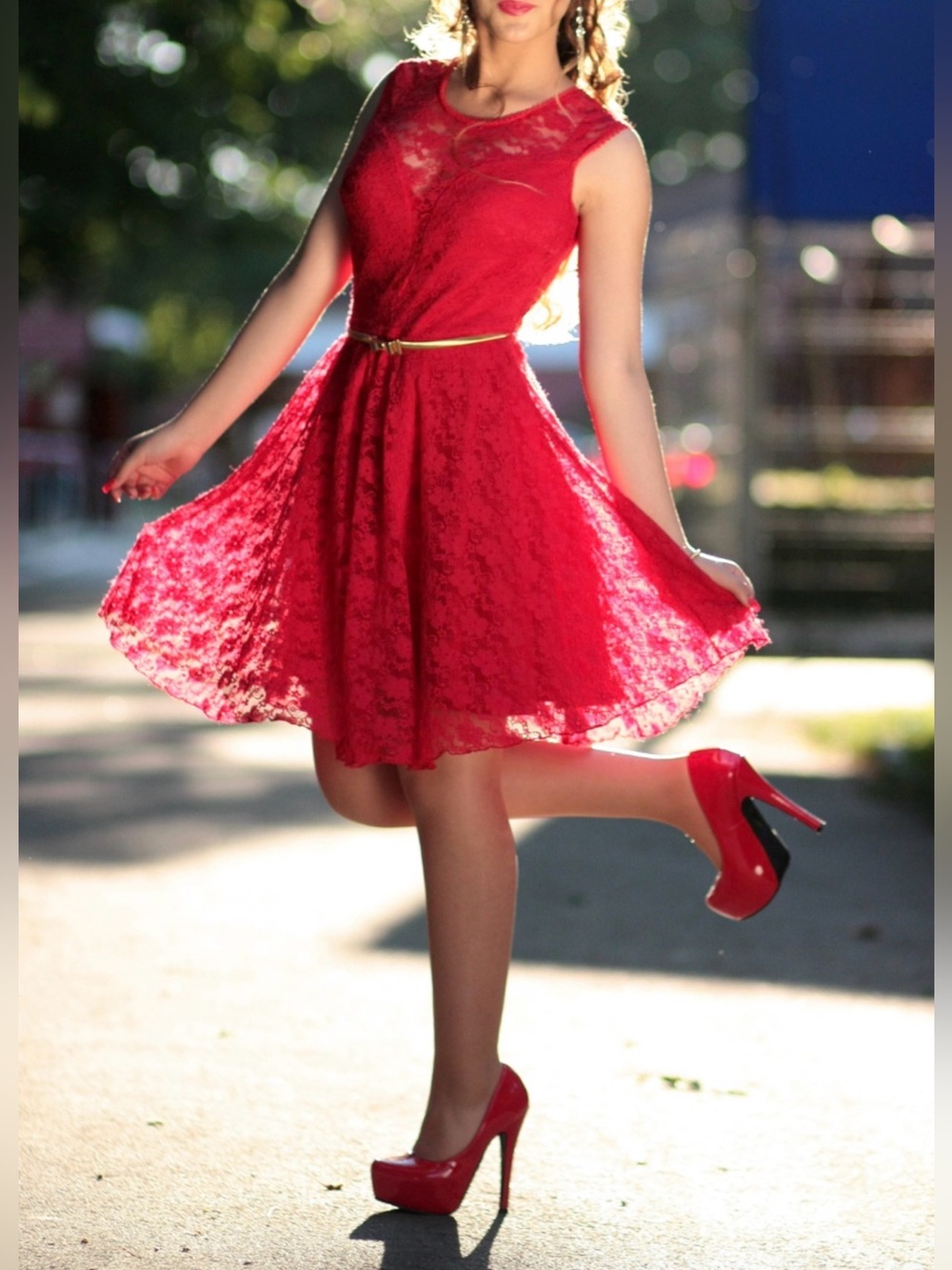 🔵Lace Vibrant Red Lace Sleeveless Dress